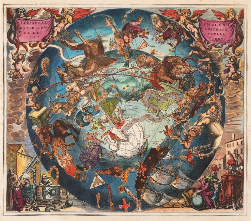 hartă celestă ”stelele și pământul în emisfera sudică”, de henricus hondius, amsterdam, 1661, piesă foarte rară, de colecție